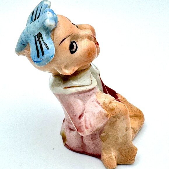 Hand-Painted Japanese Pixie Porcelain Figurine Blue Bow Red Coat Vtg Dragonfly - Picture 4 of 6